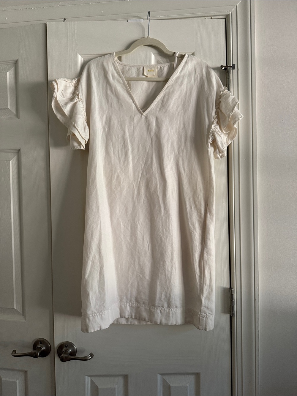 Maeve Cream V-Neck Ruffle Sleeve Tunic Dress